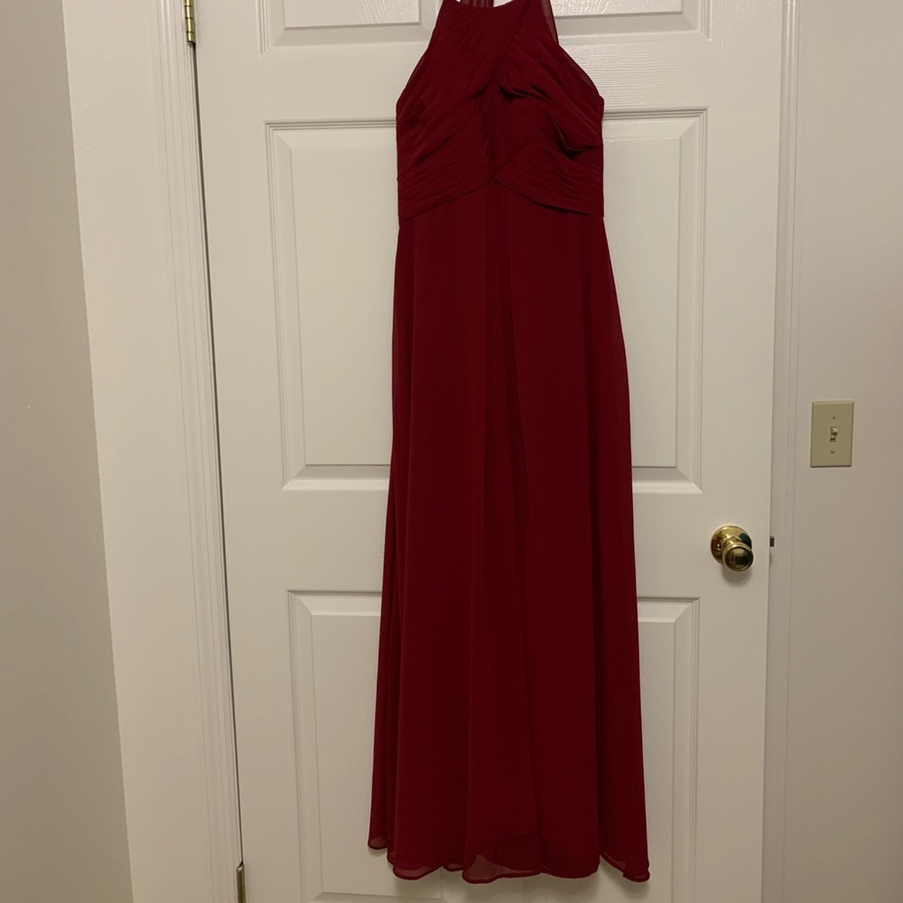 Burgundy bridesmaid dress.
